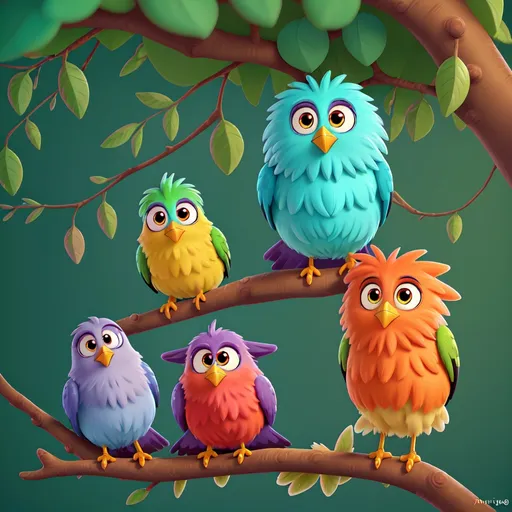 Prompt: Cartoon illustration of birds in a tree, vibrant colors, warm atmosphere, big expressive eyes, high quality, vibrant colors, cute cartoon, detailed fur, playful, whimsical, warm lighting