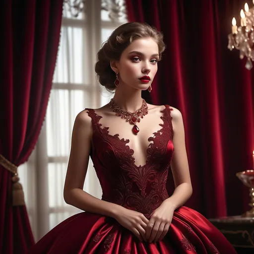 Prompt: Ruby red lady, striking brilliance of red as the central theme, adorned in a flowing scarlet gown, regal and elegant, with intricate lace patterns, deep crimson lipstick, and sparkling ruby jewelry. The background is softly blurred, featuring a luxurious velvet curtain and dim ambient lighting, creating a romantic and opulent atmosphere. The scene is ultra-detailed, infused with warmth and sophistication, highlighting the captivating presence of the lady.