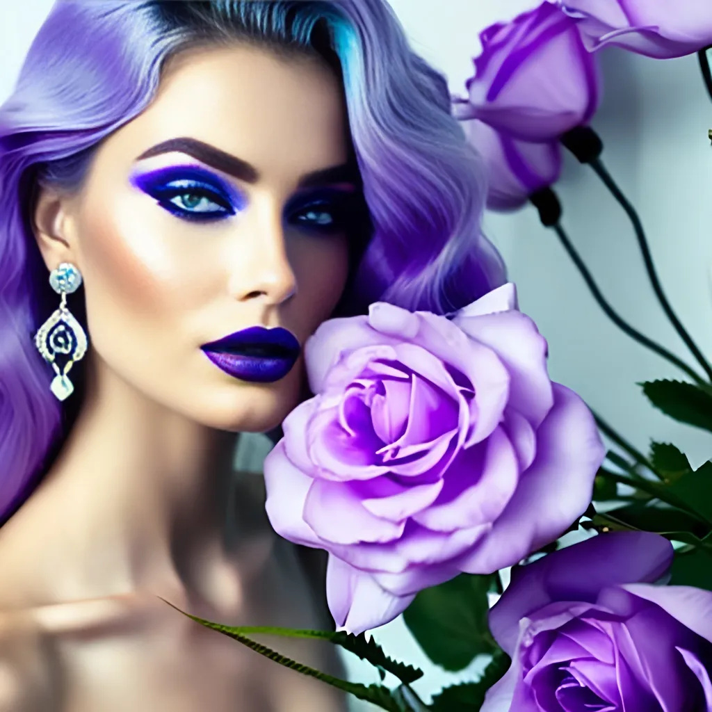 Prompt: Beautiful ethereal woman, long blonde hair,and icy blue eyes color, purple lipstick, facial closeup