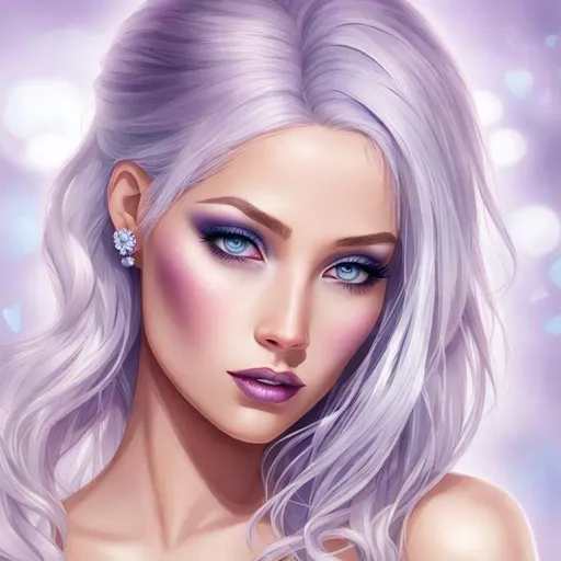 Prompt: A beautiful woman, white hair with pastel purple highlights, violet eyes, blue eyeshadow, pastel blue roses in her hair, blue jewels on forehead, cartoon style