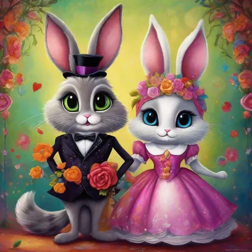 Prompt: <mymodel>Funny illustration of a anthropomorphic rabbit and cat in beautiful dresses , Tim Burton style eyes, bright and colorful, whimsical bright colorful background, comical expressions, high quality, detailed fur, playful, cartoonish, vibrant colors, imaginative lighting