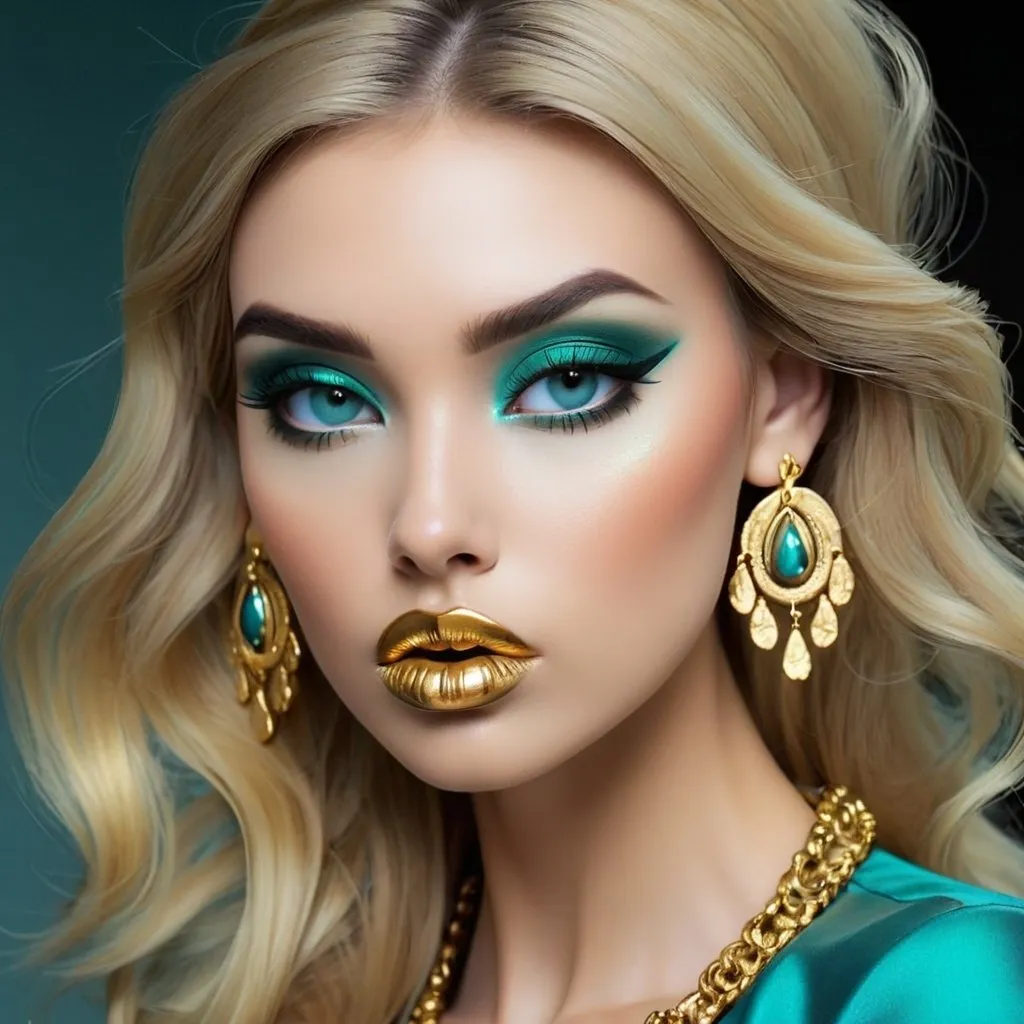 Prompt: <mymodel> Teal and gold beauty, beautiful makeup, gold lipstick