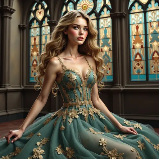 Prompt: Bathed in soft, ethereal light, a stunning young woman stands elegantly in a grandiose setting, her captivating dress radiating opulence and artistry. The gown features a deep teal color adorned with intricate golden patterns, cascading layers of tulle that create a dramatic silhouette, emphasizing the richness of the fabric. Behind her, majestic stained glass windows with vibrant turquoise and gold accents filter the light, adding a magical ambiance to the scene. Her expression is serene yet confident, inviting viewers into a world that feels both regal and enchanting, as if she embodies a character from a timeless fairy tale. The meticulous interplay of colors and textures harmonizes with the architectural beauty of the environment, crafting a luxurious narrative that enchants the imagination.