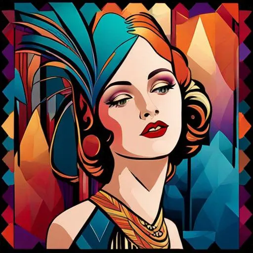 Prompt: Colorful art deco illustration of a young lady, vibrant and luxurious, intricate geometric patterns, elegant flapper dress with fringe details, stylish headband with feathers, radiant and confident expression, rich color palette with gold and jewel tones, high quality, detailed art deco, 1920s fashion, elegant design, luxurious atmosphere, art deco style, vibrant colors, confident stance, radiant lighting