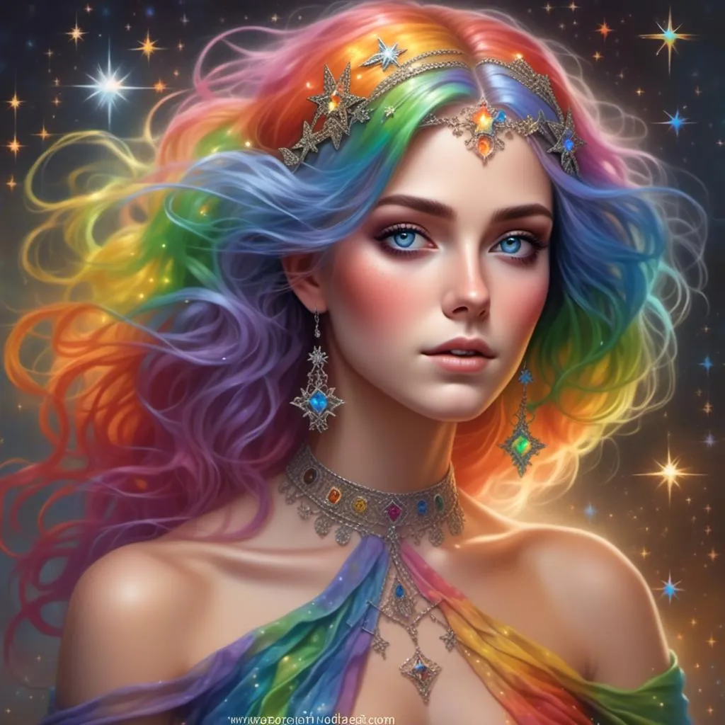 Prompt: <mymodel> a woman with colorful rainbow hair , blue eyes, and a rainbow dress on her body and a star background with stars and sparkles, Anne Stokes, fantasy art, highly detailed digital painting, a photorealistic painting