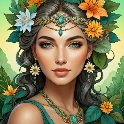 Prompt: a woman with flowers in her hair and a necklace on her head, surrounded by leaves and flowers, is shown in a digital painting style, Amanda Sage, fantasy art, highly detailed digital painting, a detailed painting