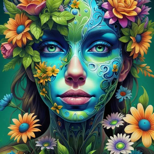 Prompt: a woman with flowers around her face and a blue face with flowers around her face and a green background, Android Jones, psychedelic art, highly detailed digital painting, an airbrush painting