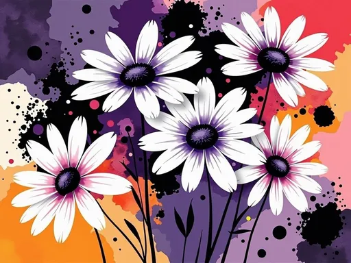 Prompt: This image is a vibrant digital illustration depicting a cluster of white daisies with black and purple centers. The daisies are arranged in various positions, some overlapping, creating a sense of depth and movement. The petals are smooth and slightly elongated, with a gradient of white to light pink at the tips. The centers of the flowers are dark purple with black accents, featuring small white stamen.

The background is a dynamic mix of colors and textures, primarily featuring a gradient from orange on the bottom left to purple on the top right. There are also splashes of black and white paint, adding a sense of abstract expressionism to the piece. The black splatters and paint drops create a stark contrast against the colorful background, enhancing the overall visual impact.

The daisies' stems are thin and black, adding a subtle contrast to the bright petals. The illustration employs a modern, abstract style, combining elements of realism in the flower depiction with the bold, expressive background. The overall composition is balanced, with the white flowers standing out prominently against the colorful and textured backdrop.