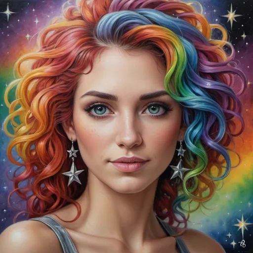 Prompt: <mymodel> a painting of a woman with  curly, rainbow hair, stars around her,, Anne Stokes, fantasy art, stars, a detailed painting