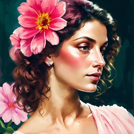 Prompt: a beautiful woman , lots of pretty pink flowers