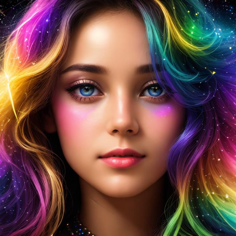 Prompt: girl. etherial light,cosmic being,closeup,cosmic background,facial light,rainbow colors