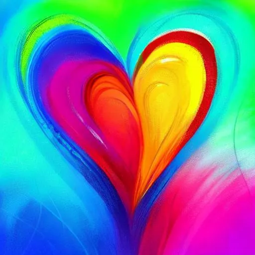 Prompt: Vibrant rainbow heart illustration, digital painting, swirling colors, high quality, detailed brushwork, bright and colorful, whimsical style, rainbow colors, professional, vibrant lighting