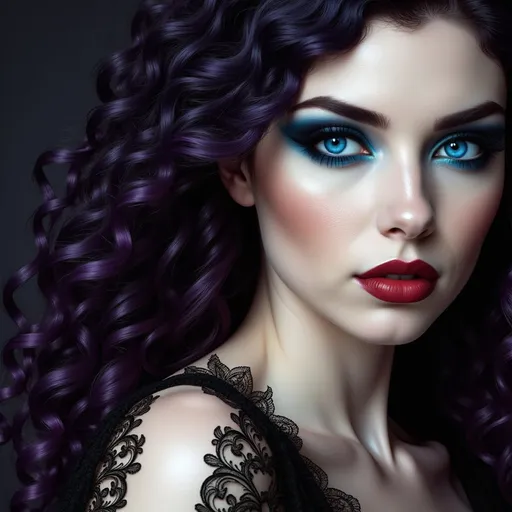 Prompt: a woman with purple hair and blue eyes, makeup, is wearing a black dress , Anne Stokes, gothic art, highly detailed digital painting, a 3D render