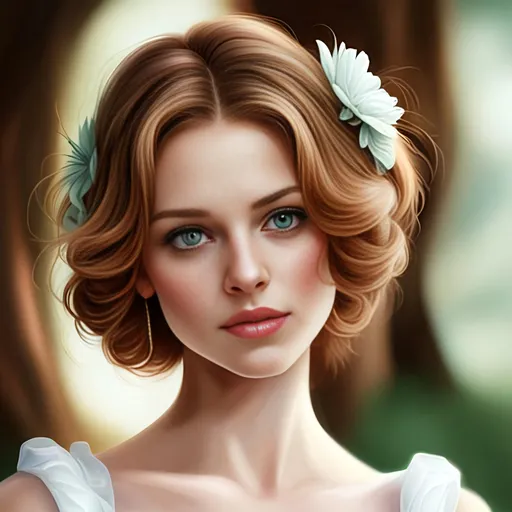 Prompt: Realistic digital painting depicting a young girl with captivating eyes, flowing auburn hair, elegant evening gown, enchanting forest setting, high quality, realistic, detailed, digital painting, enchanting, auburn hair, green eyes, evening gown, forest setting