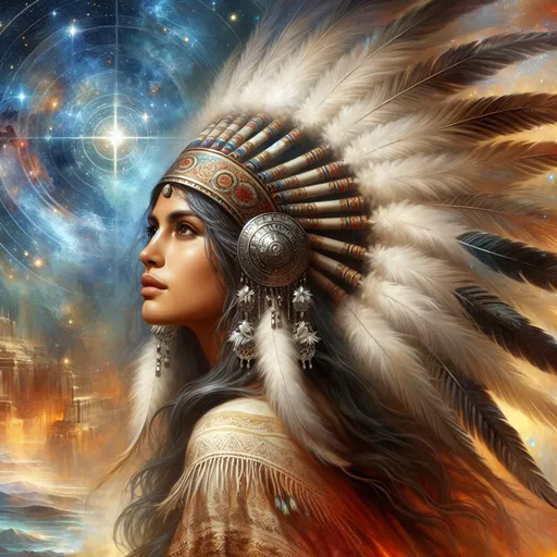 Prompt: <mymodel> a woman with a headdress and feathers on her head, with stars in the background and a star in the center, Anna Dittmann, fantasy art, highly detailed digital painting, a detailed painting