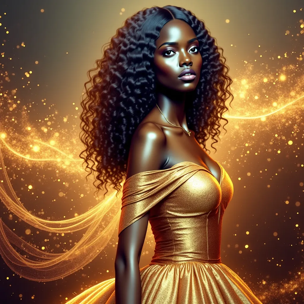 Prompt: An extremely attractive fierce black woman historical romance character, wearing a glowing gold gown, dreamy, fantastical, splendid, wonderful.