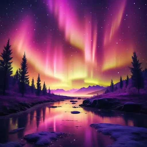 Prompt: (a breathtaking night sky), vibrant aurora borealis in stunning shades of purple, scattered twinkling stars, deep indigo backdrop, magical and serene atmosphere, illuminating soft glow, high-quality 4K resolution, ultra-detailed textures, a sense of wonder and tranquility, cosmic beauty, expansive celestial view.