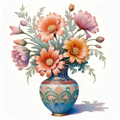 Prompt: a painting of a vase with flowers in it on a white background with a pastel background, Alison Kinnaird, cloisonnism, in gouache detailed paintings, an art deco painting