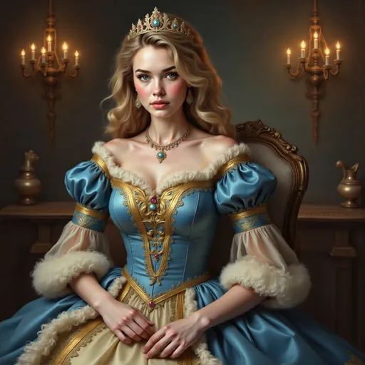 Prompt: a painting of a woman in a blue and gold dress with a tiara and a tiara on, Artgerm, photorealism, highly detailed digital painting, a photorealistic painting