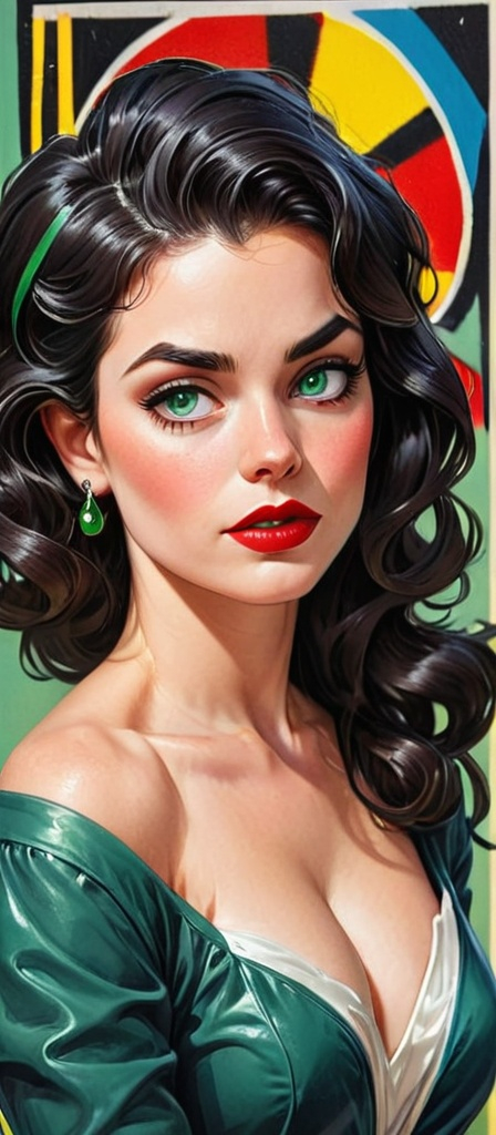 Prompt: This image is a vibrant, digitally-drawn illustration in a comic book style. It features a close-up portrait of a woman with a fair complexion and striking green eyes. She has voluminous, wavy black hair styled in a classic 1950s updo with a prominent curl framing her face. Her lips are painted a bold red, and she has a subtle blush on her cheeks. She is wearing an off-the-shoulder blue top that reveals her collarbones and a green, low-cut dress with an intricate pattern. Around her neck is a necklace with a large, emerald-shaped green gemstone. Her earrings are ornate, dangling pieces that match her necklace. The background consists of a colorful, stained-glass-like pattern with hexagonal shapes in yellow, blue, red, and green, adding a vibrant, artistic backdrop to the portrait. The lines and colors are bold and crisp, typical of comic book art, with a focus on exaggerated features and dramatic shading. The overall style is reminiscent of classic pin-up art, blending elements of vintage fashion with modern comic art techniques.