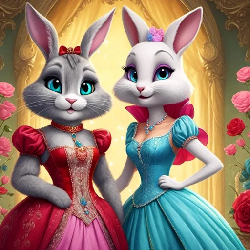 Prompt: <mymodel>Funny illustration of a anthropomorphic rabbit and cat in beautiful dresses , Tim Burton style eyes, bright and colorful, whimsical bright colorful background, comical expressions, high quality, detailed fur, playful, cartoonish, vibrant colors, imaginative lighting