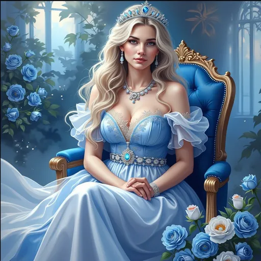 Prompt: A regal figure sits gracefully in an ornate blue chair, draped in a flowing gown of soft blue fabric accentuated with delicate lace and intricate embellishments. Her long, wavy hair cascades elegantly down her shoulders, embellished with a sparkling tiara and jewelry that glistens like the finest treasures, adding to her royal air. The background features a dreamy, ethereal landscape with shafts of light filtering through, complemented by a bouquet of vibrant blue and white roses poised nearby. The overall scene has a fairytale quality, imbued with a sense of serenity and enchantment, inviting viewers to be captivated by the beauty and elegance that radiates from this striking character.