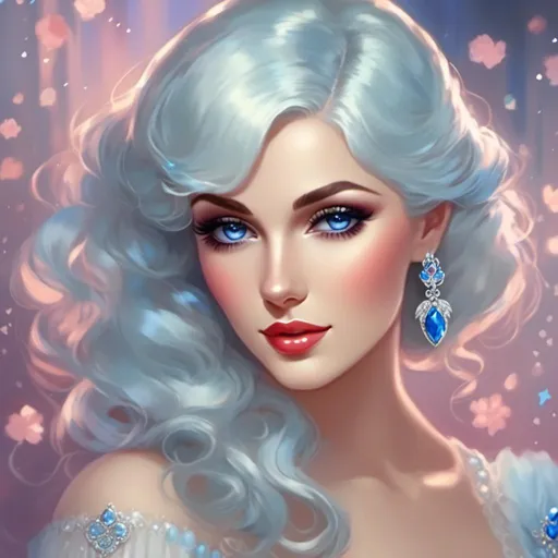 Prompt: <mymodel>A beautiful woman, snow white hair with pastel highlights, frosty blue eyes, blue eyeshadow, blue jewels on forehead