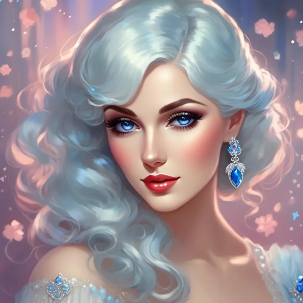 Prompt: <mymodel>A beautiful woman, snow white hair with pastel highlights, frosty blue eyes, blue eyeshadow, blue jewels on forehead