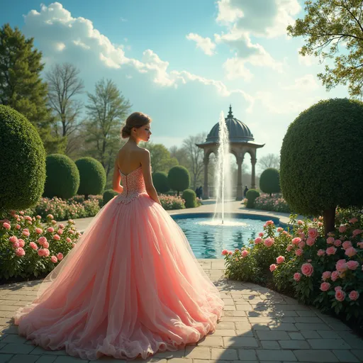 Prompt: In an enchanting garden bathed in vibrant hues, a graceful young woman stands poised by a tranquil fountain, embodying elegance in her enchanting pink gown that features intricate detailing. Lush greenery surrounds her, punctuated by perfectly manicured hedges and vibrant flower beds filled with soft pink roses and spherical topiaries that create a whimsical ambiance. The sky above is a brilliant blue, dotted with fluffy white clouds, while a delicate gazebo glimmers in the background, enhancing the romantic aura of the scene. The soft sunlight casts a warm glow, accentuating the serene mood, as if this magical moment is a still frame from a fairy tale. This image evokes a sense of peace and beauty, celebrating the charm of a timeless garden setting.