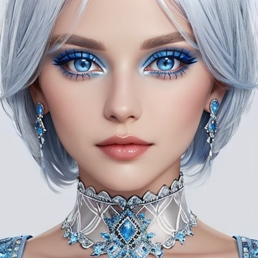 Prompt: A beautiful woman, white hair, blue eyes, blue eyeshadow, blue jewels o