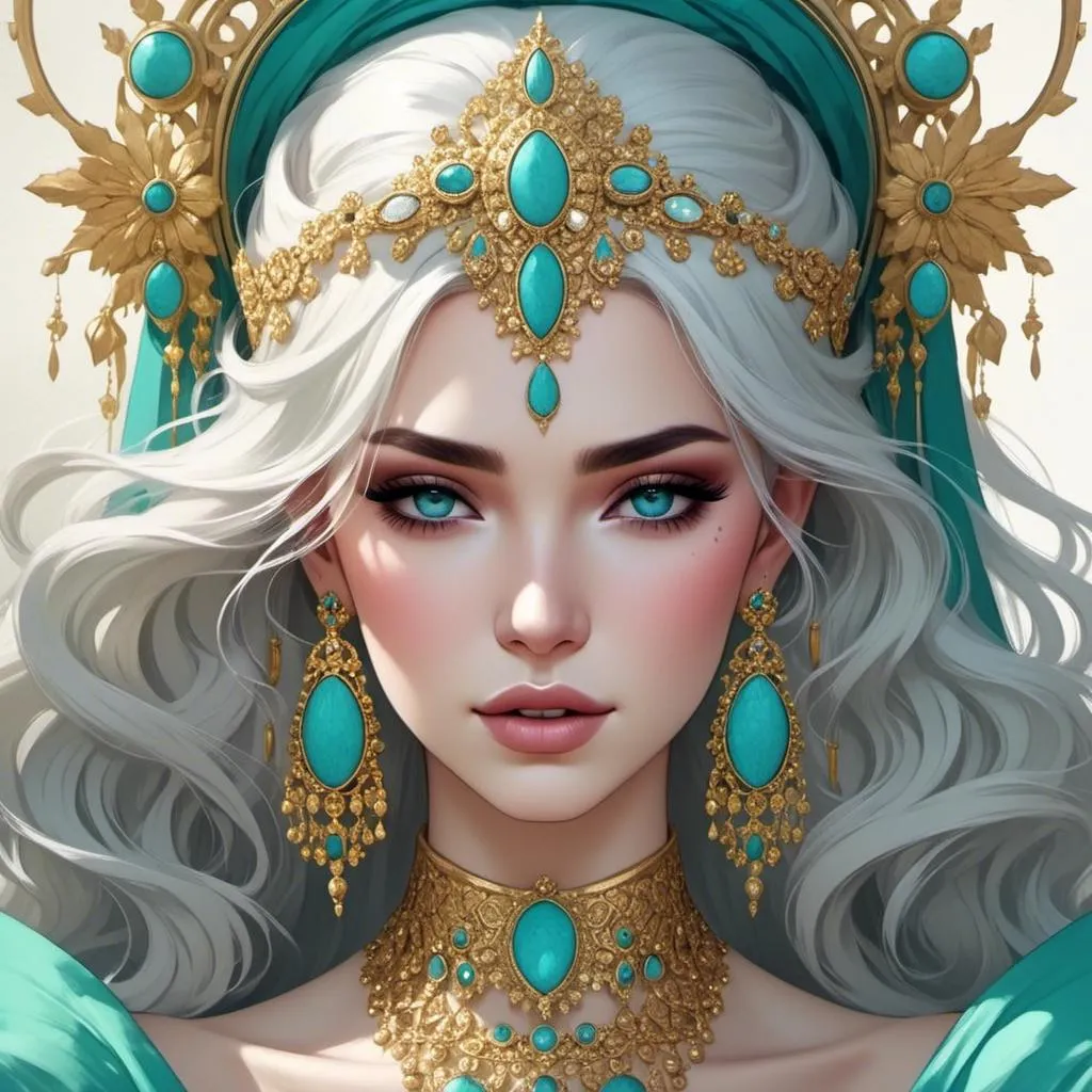 Prompt: <mymodel>An extremely gorgeous woman,  with turquoise jewels, in color scheme of turquoise and gold