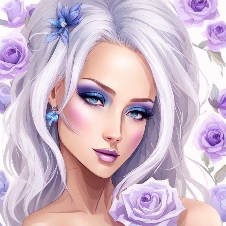 Prompt: A beautiful woman, white hair with pastel purple highlights, violet eyes, blue eyeshadow, pastel blue roses in her hair, blue jewels on forehead, cartoon style