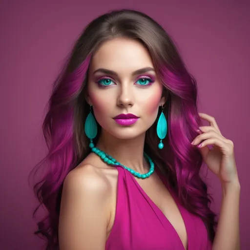 Prompt: A beautiful woman in colors of turquoise and magenta