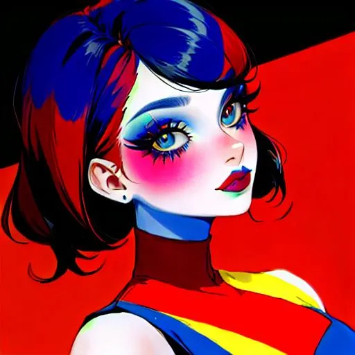 Prompt: A woman all in primary colors, pretty makeup