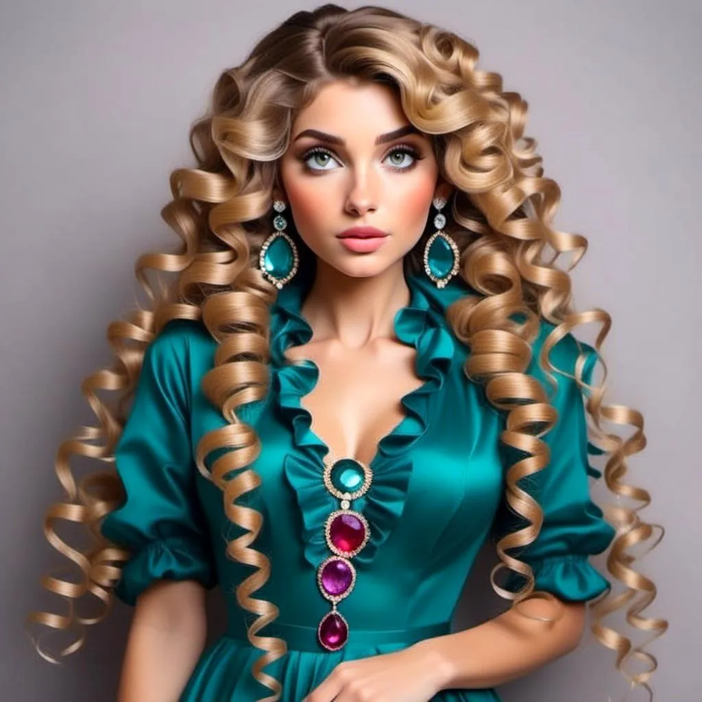 Prompt: <mymodel>A beautiful woman,long curly hair pinned back, adorned in colors of teal blue and magenta
