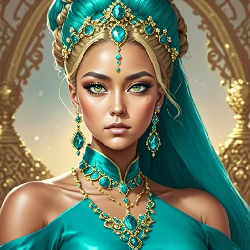 Prompt: <mymodel>An extremely gorgeous woman,  with turquoise jewels, in color scheme of turquoise and gold