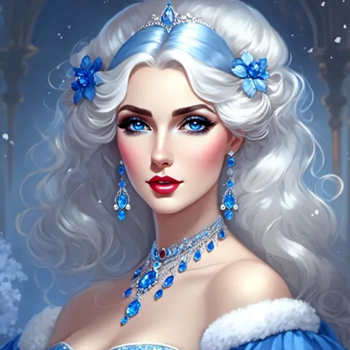 Prompt: <mymodel>A beautiful woman, snow white hair with pastel highlights, frosty blue eyes, blue eyeshadow, blue jewels on forehead