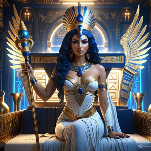 Prompt: <mymodel> HD 4k 3D, 8k, hyper realistic, professional modeling, ethereal Egyptian Goddess style, Ruler Goddess, beautiful, holding scepter,  glowing fair skin, dark blue hair, mythical regal gown, crown, full body, powerful, on throne on egyptian boat, Fantasy setting, surrounded by ambient divine glow, detailed, elegant, surreal dramatic lighting, majestic, goddesslike aura, octane render, artistic and whimsical