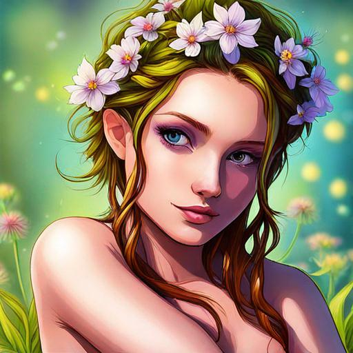 Prompt: a fairy of spring, ,wildflowers, vivid colors,  facial closeup