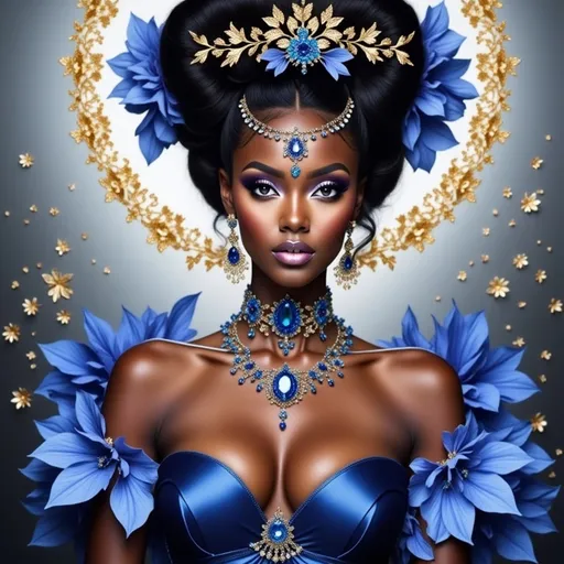 Prompt: a stunning dark skinned black woman with a crown on her head and a necklace on her neck of sapphires, in a blue dress with flowers, Anne Stokes, fantasy art, highly detailed digital painting, a detailed painting