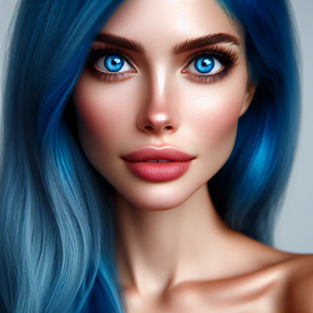 Prompt: A pretty woman with blue hair and big blue eyes