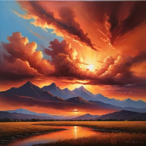 Prompt: Fiery sunset landscape, vibrant warm tones, detailed clouds, silhouetted mountains, dramatic lighting, high quality, oil painting, warm tones, detailed clouds, dramatic lighting, vibrant colors, professional