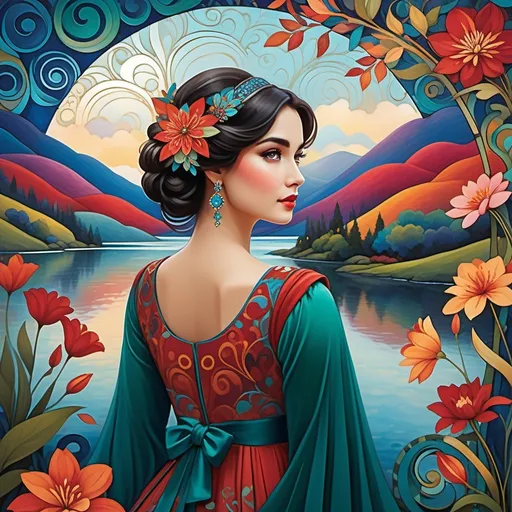 Prompt: A graceful woman, adorned in a richly patterned dress featuring vibrant circular designs, gazes thoughtfully over her shoulder, her dark hair elegantly styled and accentuated with a delicate flower. The background bursts with an array of colorful flowers and whimsical, flowing shapes, creating a dreamlike landscape that contrasts with her serene expression. Bold swirls of color, including deep blues, reds, and greens, weave through a softly clouded sky, enhancing the fantastical atmosphere of the image. The overall composition conveys a sense of harmony and beauty, inviting the viewer to immerse themselves in this enchanting, stylized world. The artwork's vivid colors and intricate details evoke a blend of art nouveau and contemporary aesthetics, emphasizing both nature and femininity.