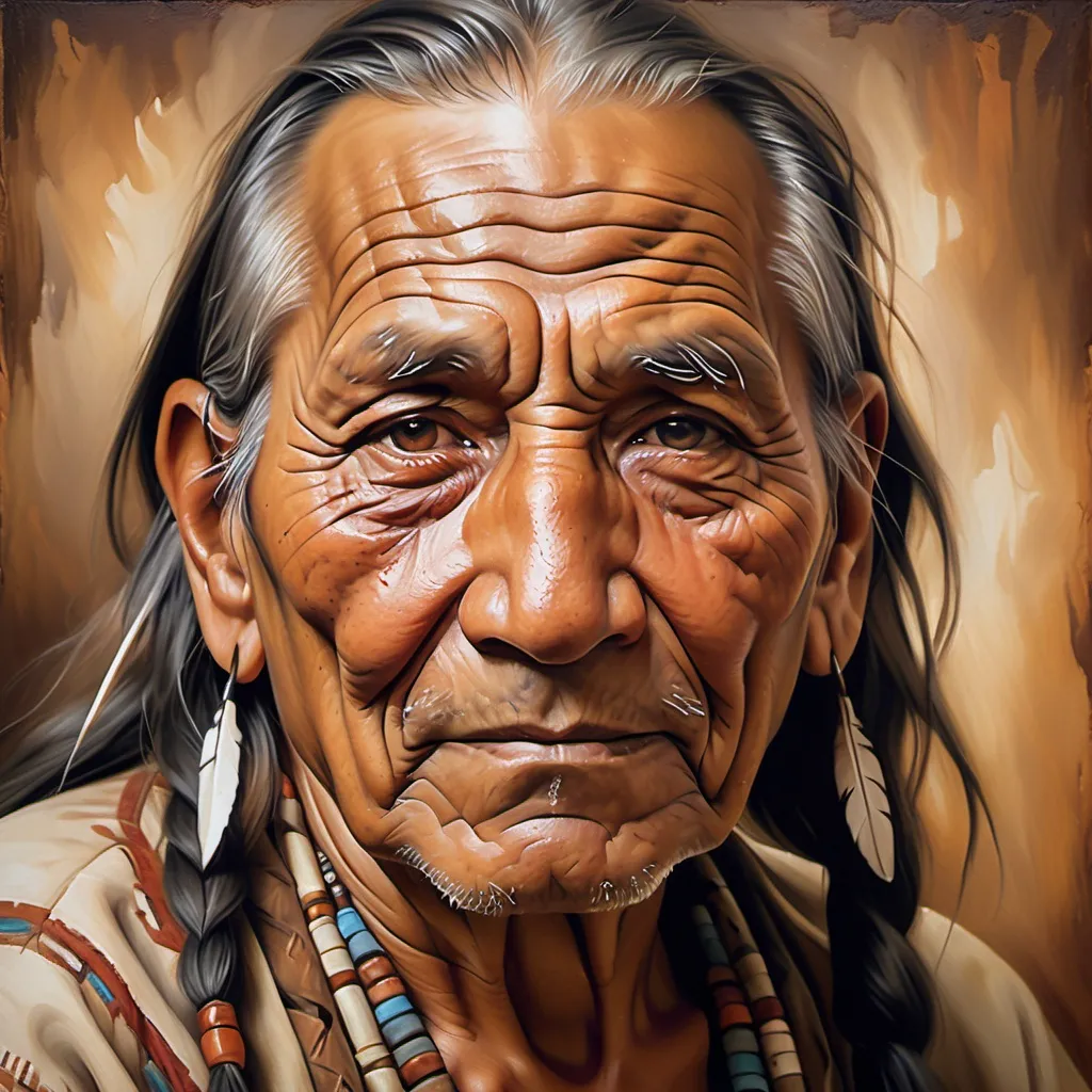 Prompt: Realistic oil painting of an old  native American man, weathered and wise, intricate patterns and textures, expressive eyes with a hint of sadness, wrinkled and kind smile, warm and earthy color palette, soft natural lighting, high quality, realistic, traditional, emotional portrait, detailed facial features, textured clothing, warm tones, atmospheric lighting background to be nature and low cuality picture
