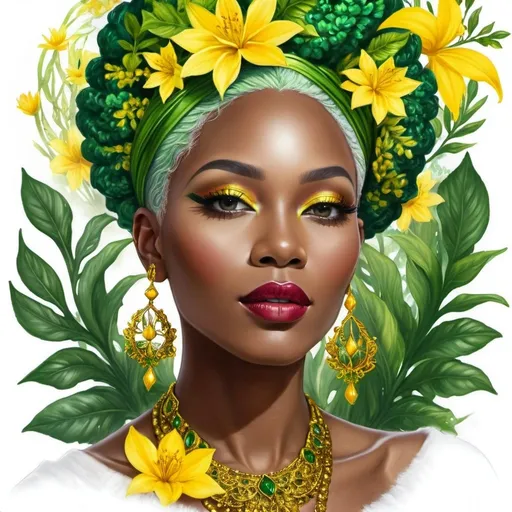 Prompt: <mymodel>In a majestic detailed floral the mystical Empress, a black woman with green and yellow hair, stands tall amidst vibrant flora, embodying divine grace and feminine power.