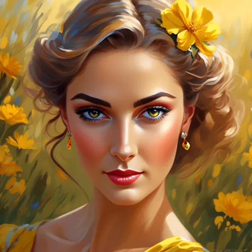 Prompt: <mymodel>High-resolution digital painting of a graceful woman, vibrant yellow flower field, realistic and detailed floral elements, soft and warm sunlight, flowing elegant dress, detailed facial features with a gentle expression, professional digital painting, realistic, detailed flowers, graceful posture, warm and soft lighting, best quality, highres, ultra-detailed, digital painting, realistic, warm tones, elegant