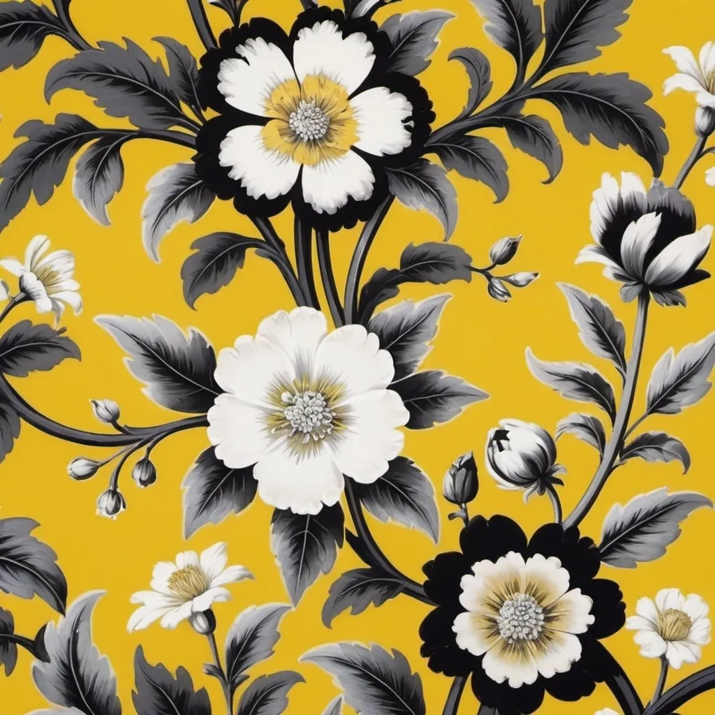 Prompt: a yellow and black flower wallpaper with white flowers on it's sides and black leaves on the bottom, Annabel Kidston, rococo, yellow, a flemish Baroque