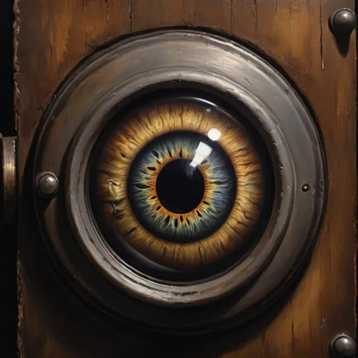 Prompt: Scary eye peering through peephole, dark and eerie, oil painting, intense gaze, high contrast, horror, low-key lighting, dramatic shadows, realistic, haunting, chilling, detailed iris, high quality, dark tones, creepy atmosphere