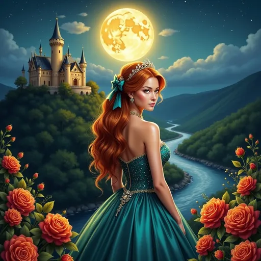 Prompt: Bathed in the glow of a luminous full moon, a young woman with flowing red hair stands gracefully, gazing over a serene landscape. She wears a stunning teal gown adorned with shimmering embellishments and a delicate bow at the waist, enhancing her regal appearance. In the background, a majestic castle rises dramatically on a hill, surrounded by lush greenery and a winding river that reflects the night sky. Vibrant roses bloom at her feet, adding bursts of color to the enchanting scene, which exudes a sense of wonder and serene beauty, transporting the viewer to a fairy-tale realm.