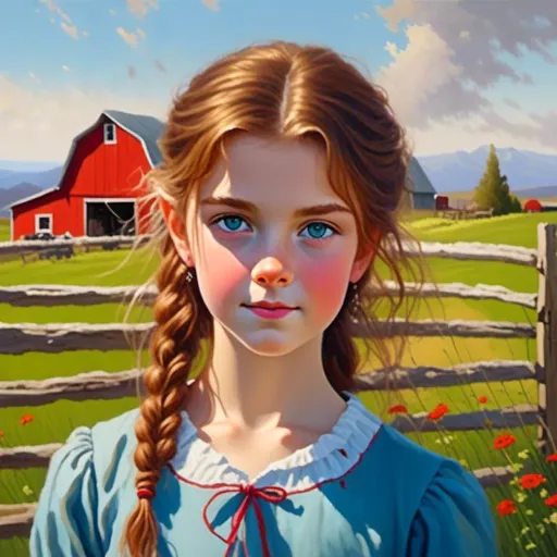 Prompt: <mymodel>a pretty farm girl in a classic farm scene with a red barn, rustic countryside setting, vibrant green pastures, traditional wooden fences, clear blue sky, high quality, oil painting, classic style, warm tones, natural lighting